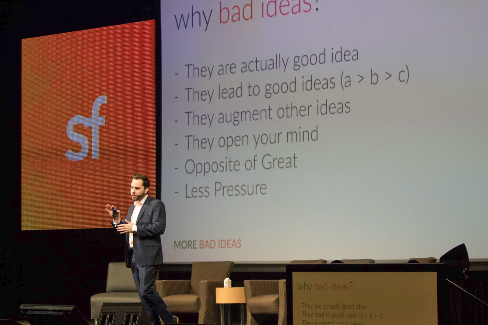 Jason Keath delivering his bad ideas talk to a conference audience